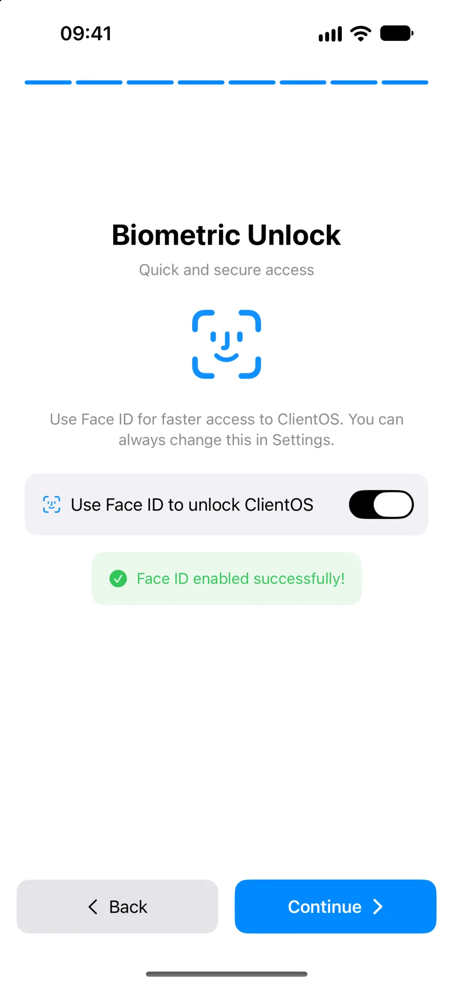 The ClientOS screen for: Set your password, Face ID and recovery key