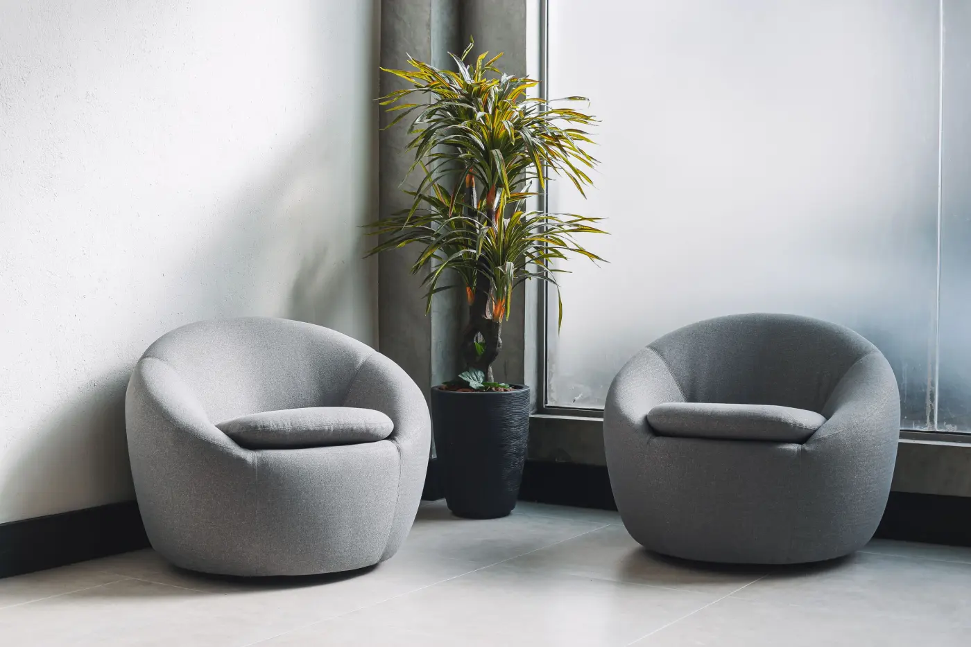Two grey armchairs and a plant in a calm, bright room
